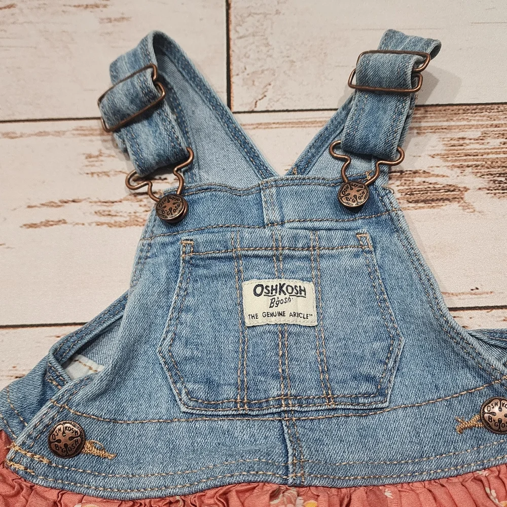 OSH KOSH Denim Overall Dress Floral Peach Baby Girl 12 Months